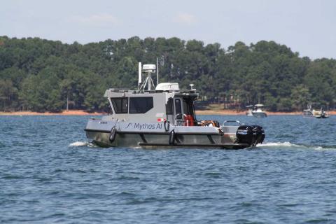 A National Transportation Safety Board vessel used in the recovery of a sunken plane floats near Long Point Recreation area on the morning of Thursday, Sept. 15. 