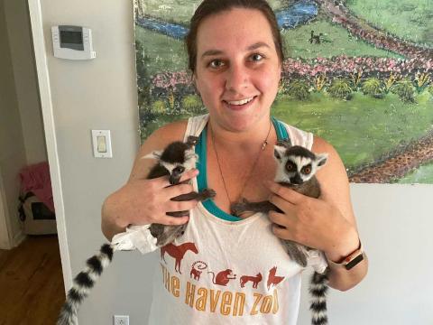JohnieSue Thurman, founder of The Haven Zoo in Hart County near Lavonia, with the zoo’s two recently-rescued eight-month old lemurs. 