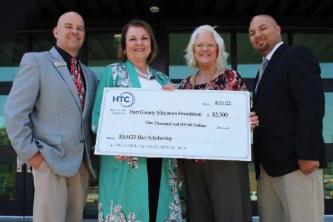 Pictured left to right top are Associate Superintendent Brooks Mewborn, Hart County Education Foundation Executive Director Bobbie Busha, Hart Telephone Company Executive Vice President Wyndee McKinnon, and Hart College and Career Academy CEO Steve Burton. 