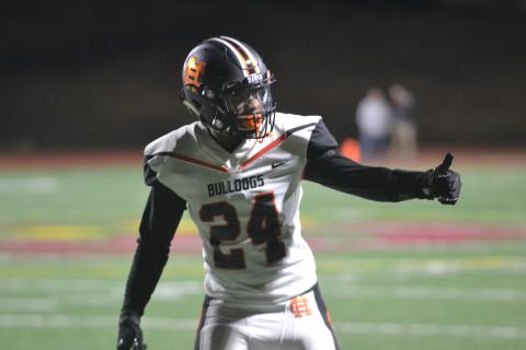 Defensive Back Jalen Brown looks to the sideline in the first round loss, 49-14 to Dawson County in 2017.