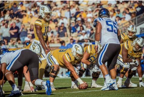 Georgia Tech senior center Will Law prepares for the snap in Tech's overtime win over Duke.
