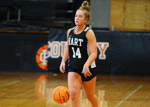 Junior Dakota Phillips brings the ball down the court in a scrimmage to start practice. 