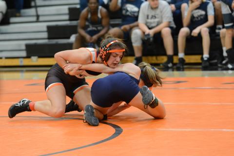 Nicole Whaley pins a Lady Mat Eagle in the home loss to the Mat Eagles of East Jackson, 57-22. Hart also lost to the Mat Tigers of Crescent High School of South Carolina, 45-22.