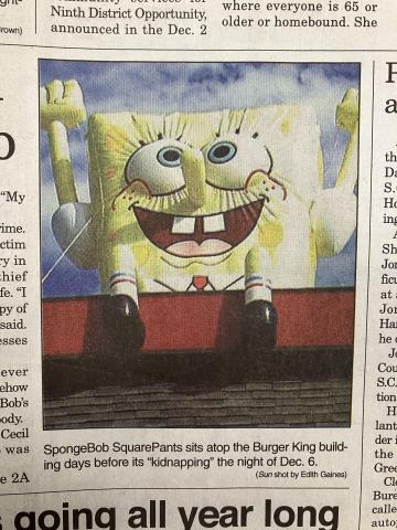 Pictured above is the original Sun article highlighting the giant inflatable Spongebob prior to its theft from the roof of Burger King. 
