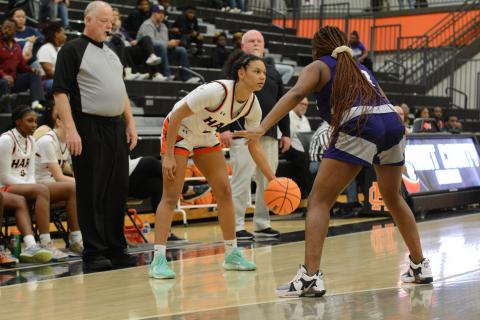 Junior guard Alexis Walker looks to pass the ball to an open teammate in the Lady Dogs first region win over the Monroe Area Lady Purple Hurricanes, 69-38 on Tuesday, Jan. 10.