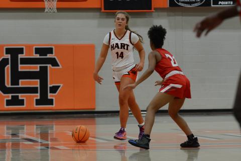 Junior guard Dakota Phillips dribbles past a defender in the 64-60 win over Wade Hampton High School to win the 15th annual McDonald’s Shootout hosted at Hart County.