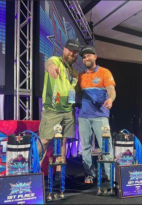 Kyle Whalen and Mike Powell celebrate a world championship in window tinting in Florida on Jan. 8.  