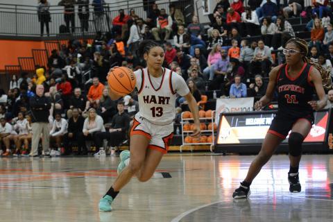 Junior guard Alexis Walker drives into the lane in the 50-23 home win over the Stephens County Lady Indians on Feb. 3.