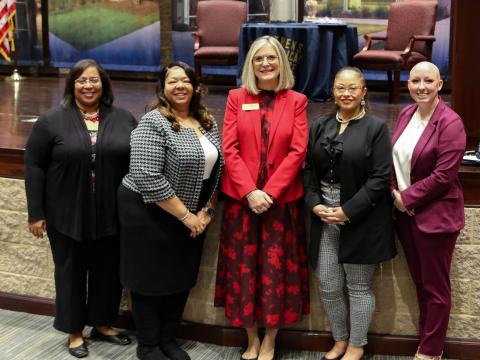Pictured left to right are Katina Tate, Andraa Perrin, ATC President Dr. Andrea Daniel, Shelby Long and Jess Chavers at the Athens Technical College awards ceremony. These top instructors and students will go on to represent the college in state competitions this spring. 