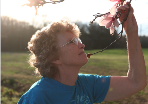 Gail Leopard checks on her blooming tulip tree at her home in the Airline community in Bowersville.