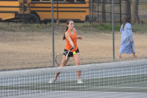 Ryleigh Jordan returns a serve in a heartbreaking loss in a tiebreaker, 3-7 against Elbert.
