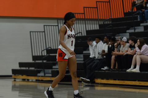 Lady Dogs lone senior Valasha Carter steps off the floor for the final time for Hart County in the 41-34 loss to Dawson.