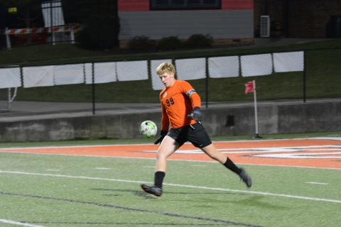 Junior goalie Ayden Thomason punts the ball down the field in the 2-0 home loss to rival Elbert County on Tuesday.