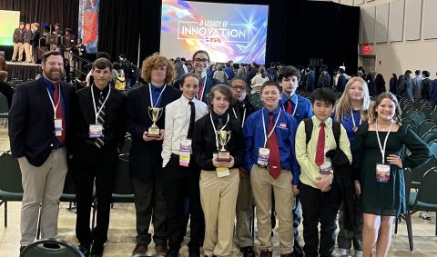 Pictured is the Hart County Middle School TSA team after achieving two state runners-up and eight top-10 placements. Pictured from left are advisor Joshua McCurley, Gage Vasile, Brody McDuffie, Jonas Leard, Torin McCurley, Kahner Ethridge, Jyrese Quillian, Case Cothran, Kyson Brown, Johnson Dang, Karlee Gaines, Evie McCurley.