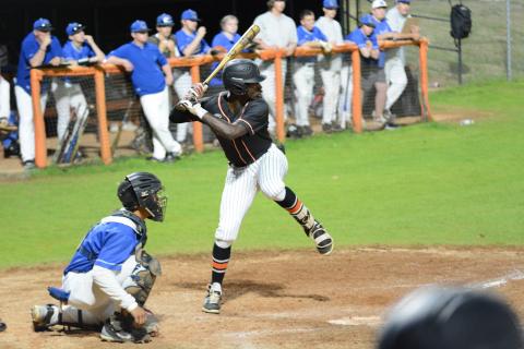 Senior outfielder Paul Davis collects a hit in the sixth inning three run rally but falls to Banks County, 6-4 on Tuesday.