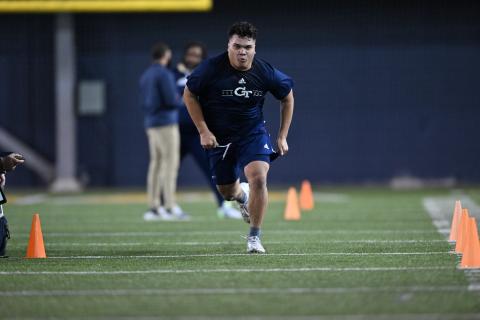 Former Hart County and Georgia Tech offensive lineman Will Lay running the 40-yard dash as he competed in Georgia Tech’s Pro Day on March 16 in front of all 32 NFL team scouts. (Photo by Danny Karnik/Georgia Tech Athletics) 
