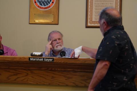 Hart County Board of Commissioners Chairman Marshall Sayer listens to the complaints of Lavonia resident Doug Carter regarding concerns at Paynes Creek Campground during Tuesday’s Regular Meeting.