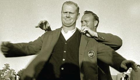 This 1963 Associated Press photo shows Arnold Palmer helping Jack Nicklaus slip into his first of six Masters green jackets. As high school freshmen, Pete Hires and I joined Arnie’s Army to march in the golf gallery at the Augusta National Golf Club. On that Sunday, we watched Palmer, the 1962 winner, award the young Golden Bear his first green jacket—golf’s Holy Grail.