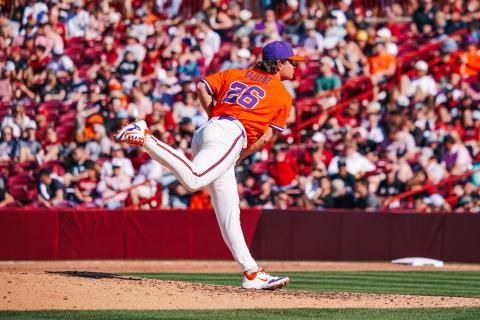 Former Hart County and current Clemson sophomore relief pitcher Casey Tallent delivers a pitch in a rivalry game against South Carolina in Columbia as the Tigers fell, 11-9. Photo by Clemson Athletics.