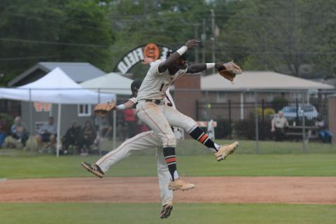 Seniors Paul Davis (1) and Jordan Leach celebrating after the game one 11-2 win over Stephens County on April 13.
