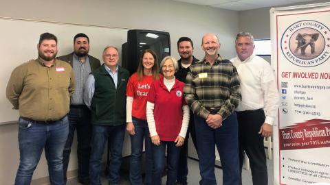 Pictured are the newly elected Hart County Republican Party leadership and Board Executives.  Pictured from left to right are Dylan Purcell, First Vice Chairman; Timothy Roberts Jr., newly elected Chairman; Chris NeSmith, former Chairman; Tara Brohm, Third Vice Chairman; Sue Ackerman, Treasurer; Silas Roberts, Vice Chairman of PR; Wallace Rowan, Secretary; and Matt Denton, Second Vice Chairman.