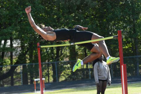 Junior Jashon Gaines advances to sectionals in the boys high jump after placing third and in the boys long jump after placing first in the GHSA Region 8-AAA meet on April 24.