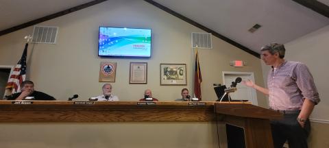 Edward Libershal speaks to Hart County Commissioners about a 56-unit Parkdale Village Proposal at Tuesday’s commission meeting. Commissioners did not take action on a proposed letter of support for the development. 