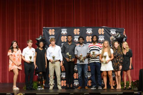 Pictured from left to right is Lexie Wheless (Host), Matt Gibbs (Coach of the Year), Kiasia Montgomery (Team of the Year - Girls Basketball), Coleman Moore (Newcomer of the Year), Tahj Johnson (Freak of the Year), Paul Davis (Iron Athlete), Ty Bates Jr. (Moment of the Year - dunk at Elbert County), Dakota Phillips (Female Athlete of the Year), Laurel Griggs (Host), and Kylie Seawright (Host). Not pictured is Nori Moore (Male Athlete of the Year).