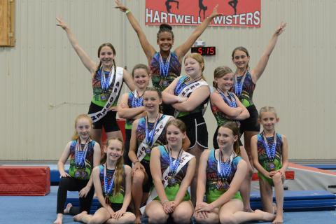 Pictured is the Hartwell Twister gymnastics team after competing in regionals in Pigeon Forge, Tennessee on May 13-14. First row from left to right is the bronze level: Kennedi Pennington, Charley Lloyd, and Adrianne Pennington. Second row from left to right is the silver: Tristyn Thompson, Julianne Bond, and Emma Kale Garland. Third row from left to right is the level four: Aeryn Back, Chastyn Haynie, and Gracen McAdams. Fourth row from left to right is the diamond: Madalyn Dault, Cheyenne Rucker, and Maci