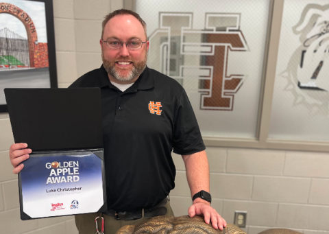 Hart County High School teacher Luke Christopher received the WYFF News 4 Golden Apple Award.