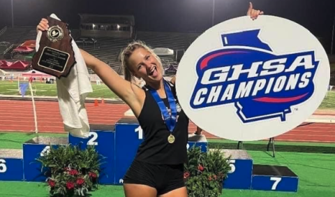 Junior pole vaulter Amelia Johnson celebrates after winning back-to-back state championships at the GHSA 3A State meet on May 11-13 in Albany.