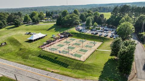 A drone shot of the Cateechee pickleball courts located off of Elberton Highway in Hartwell.