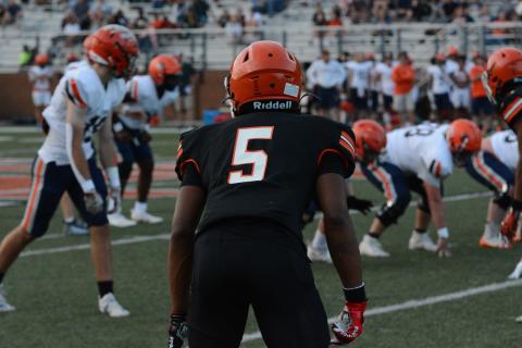 Rising senior quarterback and cornerback Jashon Gaines gets set to cover a receiver in the 2023 spring game on Friday, May 19 against Habersham Central.