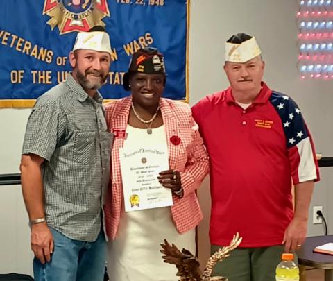 VFW Post 8076 Commander Ricky Sykes and Quartermaster Patrick Palmer receivied All-State caps from Georgia Department Commander Patsey Schreiber. Pictured from left are Quartermaster Palmer, Commander Schreiber and Commander Sykes.