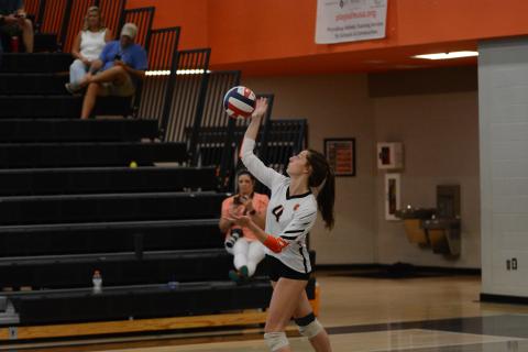 Senior Ryann Williamson serves during their two-set win over Monsignor Donovan Aug. 17.