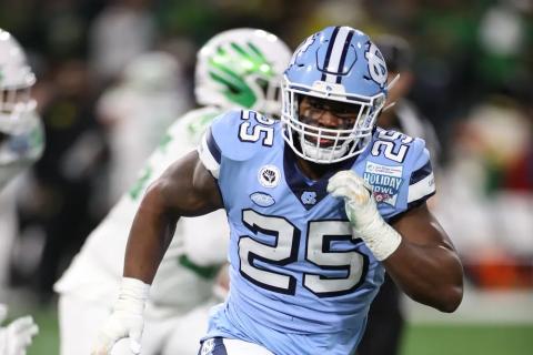 Former Hart County and current University of North Carolina defensive end, Kaimon Rucker’s name is on the watch list for the 2023 Wuerffel Trophy. (Photo by Jevone Moore/Icon Sportswire)