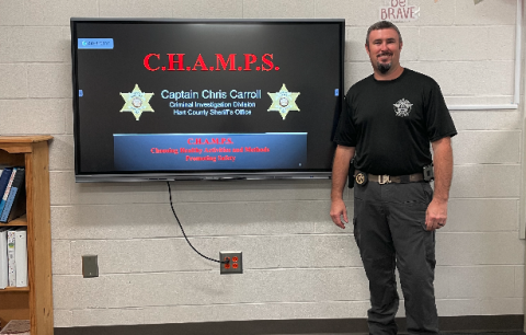 (Photos submitted) Hart County Sheriff’s Office Capt. Chris Carroll began the CHAMPS program at South Hart Elementary School Monday, Aug. 14. The program teachers students about a variety of topics including drugs, alcohol and internet, firearm and water safety. 