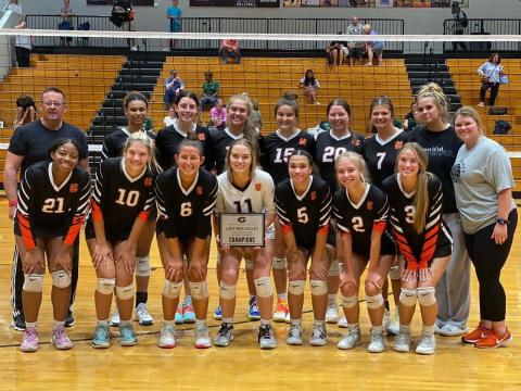 Pictured on the front row from left to right is Takarria Smith, Piper Phillips, Lillie Kate Rogers, Abby Hubbard, Kiera Jester, Hannah Harris, and Mallory Claire Wiggs. Back row is Coach Mike Atkins, Alexis Walker, Ryann Williamson, Dakota Phillips, Olivia Hancock, Peyton Mewborn, Brooke Hubbard, and Coach Kate Beardsley.