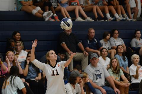 Senior Abby Hubbard serves the ball into play as the Volley Dogs split on the road Sept. 12. They fell against Oconee County in two sets, 2-0 and beat Franklin County in two sets, 2-0.
