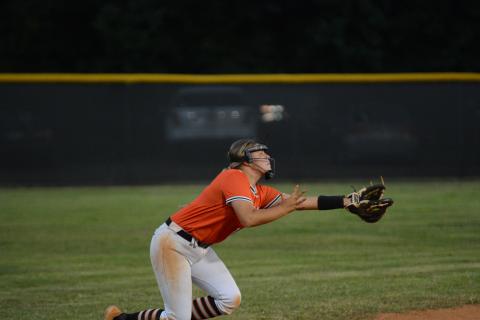 Freshman pitcher/shortstop Chesnee Strickland makes a diving catch in the 13-12 loss on the road against the Lady Purple Hurricanes of Monroe Area Sept. 21.