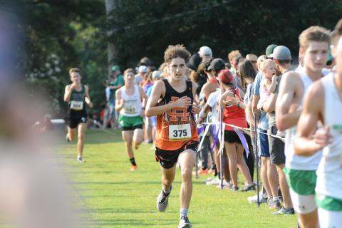 Junior Nate Harris comes to the finish line as he places 33rd at the Biscuit Cafe Invitational at North Oconee Aug. 30.