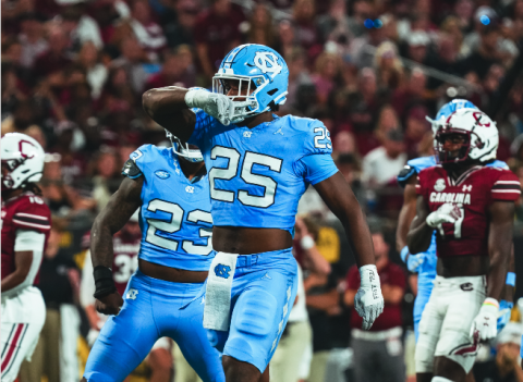 UNC defensive end Kaimon Rucker celebrates after a big time performance in the Tar Heels win over the Gamecocks of South Carolina in the Duke’s Mayo Kickoff game, 31-17. (Photo by the University of North Carolina Athletics)