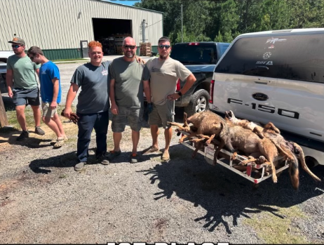 The Lights Out Predator Removal team, consisting of  (L-R) Mason Gomez, Travis Ballard and Bryan Gagnan finished in first place in The Dog Hoggers Annual Hunt for killing the three heaviest coyotes.  The event benefitted Toys for Tots and the Wounded Warrior Project.  