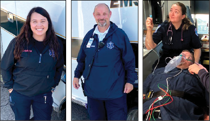 Pictured from left EMT Kayla Gabriel, Paramedic Forrest Briggs, and Paramedic Jenny Morgan as she treats a patient. 