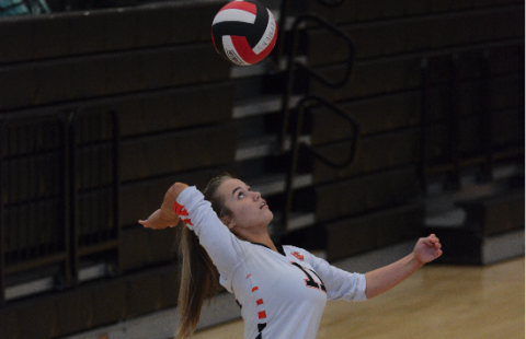 Senior Abby Hubbard serves a ball into play in their two set win over Stephens County Sept. 26, (25-7) and (25-18).