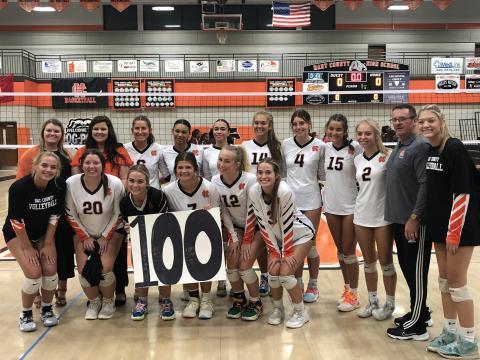 The Volley Dogs senior class picked up their 100th win Oct. 9 as they defeated Westside of Anderson, S.C. at home in four sets, 3-1. First row from left is Brooke Hubbard, Olivia Hancock, Peyton Mewborn, Teague Pierce and Mallory Clarie Wiggs. Second row from left is head coach Kate Beardsley, assistant coach Ashley Teasley, Lillie Kate Rogers, Alexis Walker, Kiera Jester, Dakota Phillips, Ryann Williamson, Ella Franklin, Hannah Harris, assistant coach Mike Atkins and Piper Phillips.