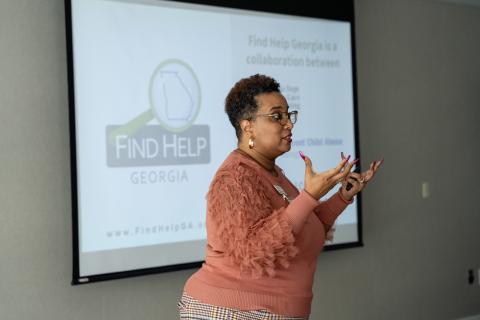 Prevent Child Abuse Georgia Training and Resource Coordinator Kimberly Stewart-Lucas delivers a Find Help Georgia training at the 2023 Georgia Conference on Child Abuse and Neglect, held Sept. 14.