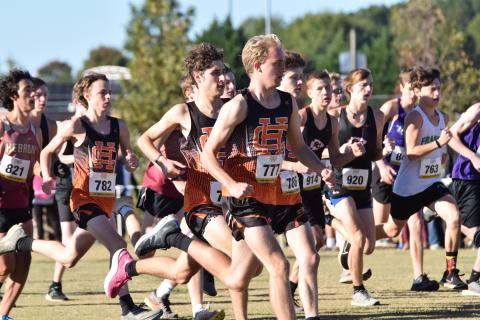 Pictured is the Hart County High School boys cross country game beginning the race at the 2023 Region 8-AAA meet in Bogart Oct. 21. Pictured in HC uniforms from left is Damien Childress (782 tag), Nate Harris, and Will Bell (777 tag). 