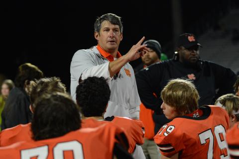 Hart County football’s head coach Cory Dickerson speaking with the team after the 35-0 loss to Stephens County Oct. 20.