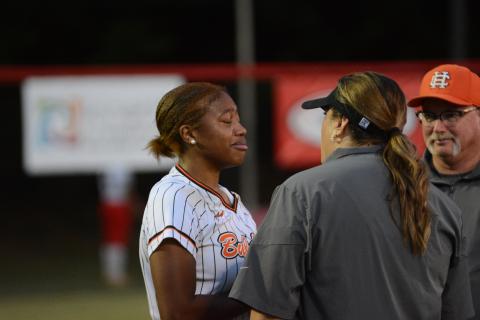 Senior infielder Jazz Shealer (left) was emotional after playing in her final game for Hart.